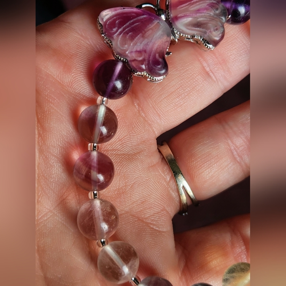 Handmade Genuine Candy Fluorite Butterfly Charm Beaded Crystal Bracelet - Picture 4 of 10